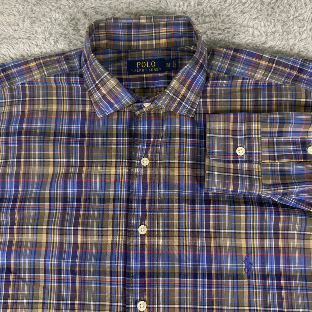 Polo Ralph Lauren Mens XLT Tall Plaid Button Down Shirt Blue Tan Multi Color